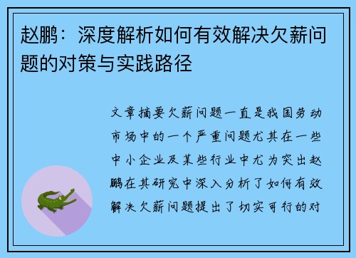 赵鹏:深度解析如何有效解决欠薪问题的对策与实践路径 赵鹏:深度解析如何有效解决欠薪问题的对策与实践路径